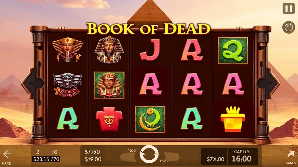 Book of Dead main gameplay screen with Egyptian-themed reels showing scarab, pharaoh and explorer symbols
