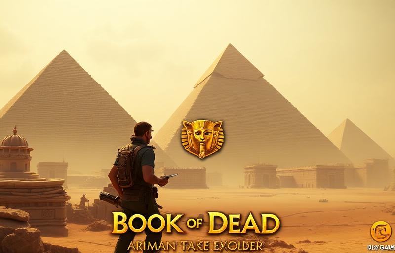 Book of Dead slot game thumbnail showing Rich Wilde explorer character with ancient Egyptian pyramids and golden Book of Dead symbol, dramatic desert lighting