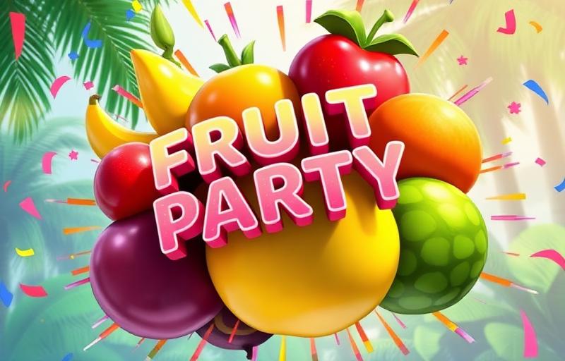 Fruit Party slot thumbnail with oversized colourful fruits — watermelon, plum, orange, apple — on a festive tropical backdrop with confetti
