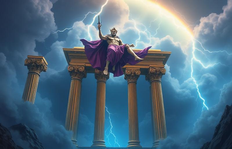 Gates of Olympus slot thumbnail with mighty Zeus on clouds throwing lightning bolts with golden Greek temple columns