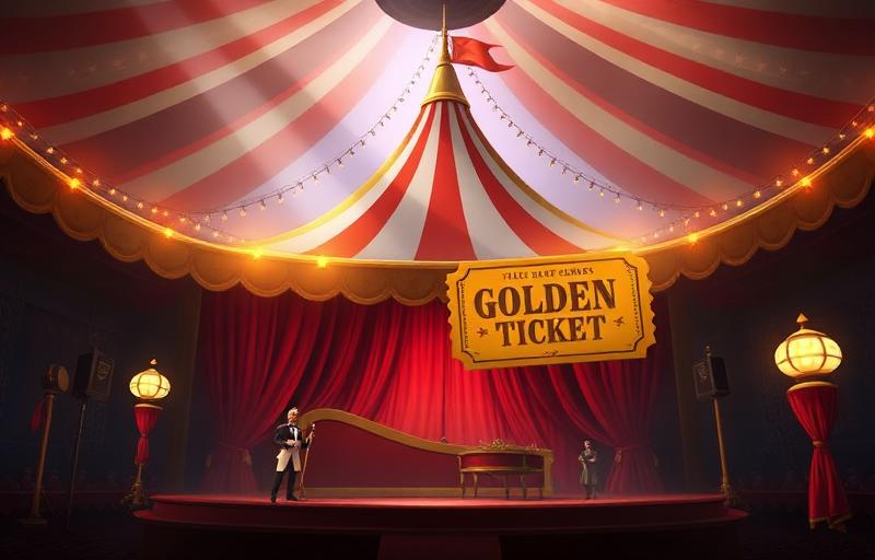 Golden Ticket slot thumbnail with circus tent, ringmaster character and golden ticket stub against a starlit big-top backdrop