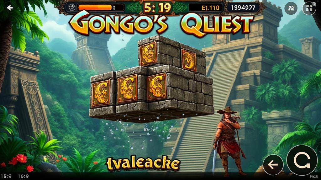 Gonzo's Quest gameplay showing stone block symbols cascading on the Avalanche reels with jungle backdrop