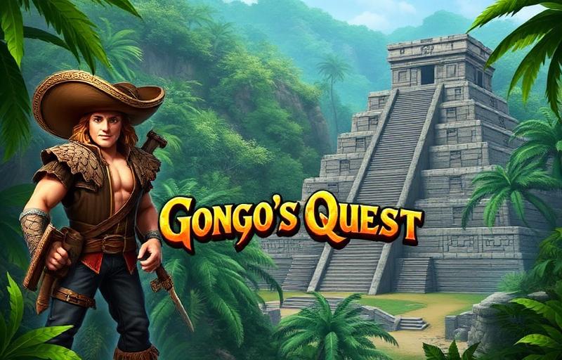 Gonzo's Quest slot thumbnail with conquistador character Gonzo standing before ancient Mayan stone temple ruins in lush jungle