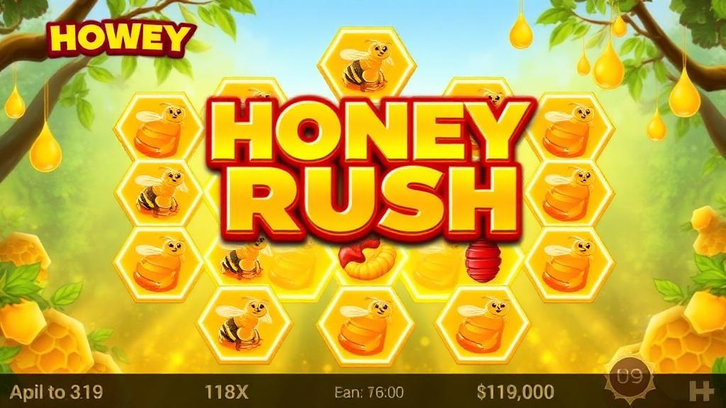 Honey Rush hexagonal grid gameplay with bee symbols and honey cascade