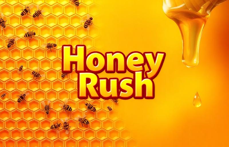Honey Rush slot thumbnail with golden honeycomb grid, bees and honey symbols on warm amber background