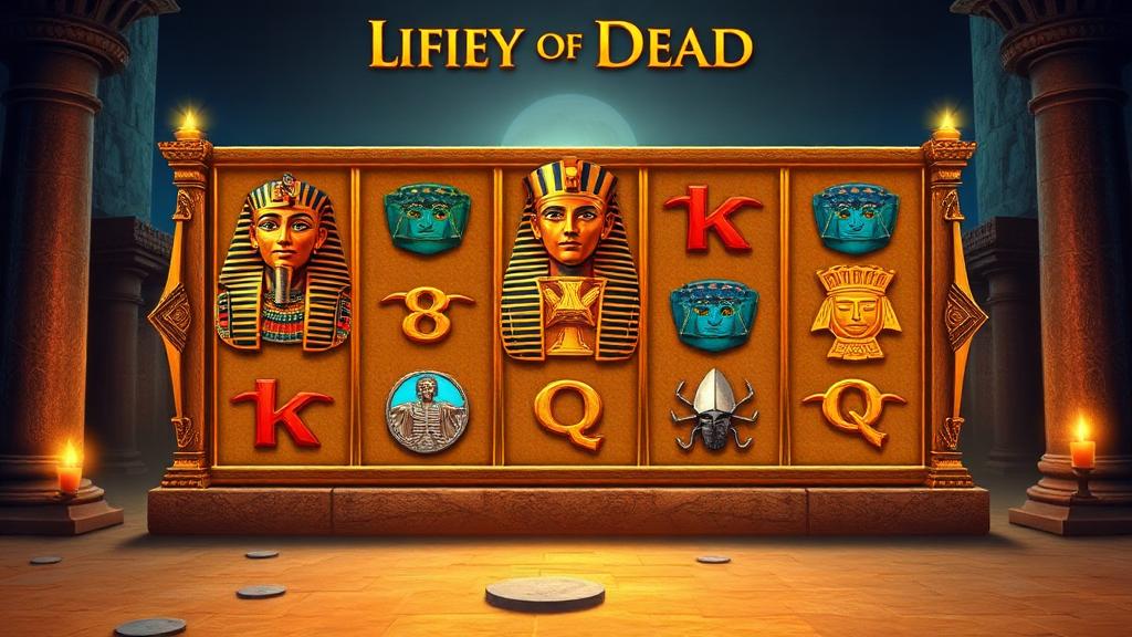 Legacy of Dead gameplay with Egyptian reels showing pharaoh, scarab and sarcophagus symbols in torchlit tomb