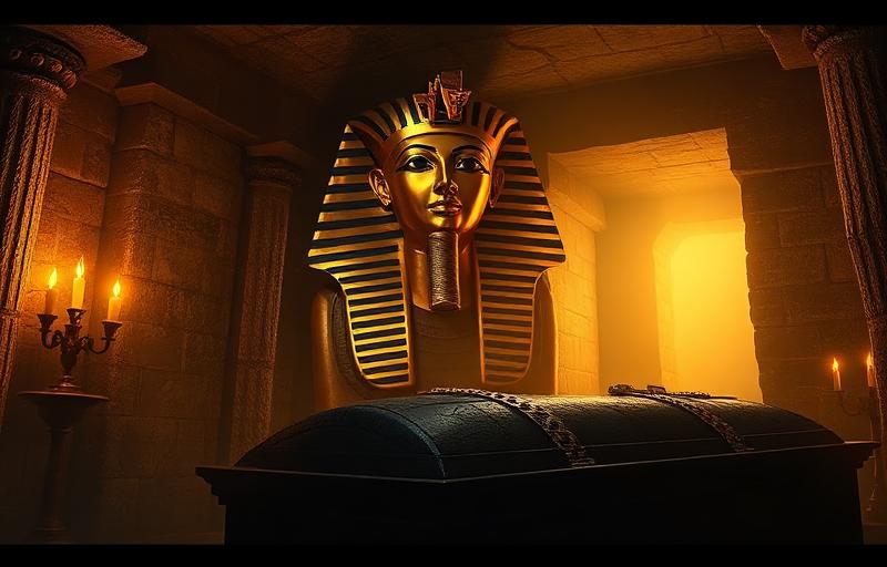 Legacy of Dead slot thumbnail with Egyptian pharaoh mask, golden sarcophagus and ancient hieroglyphs against a torchlit tomb interior