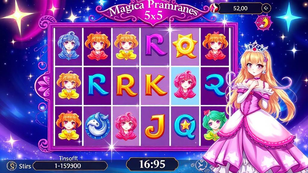 Moon Princess 5x5 grid gameplay with colorful anime symbols and princess character on the side