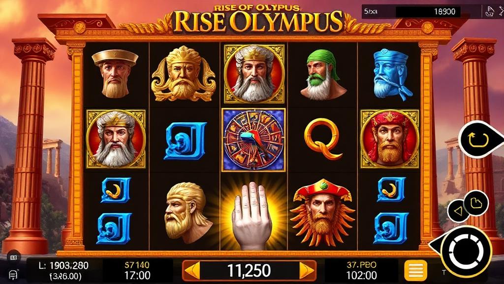 Rise of Olympus 5x5 grid with Greek god symbols and Hand of God feature