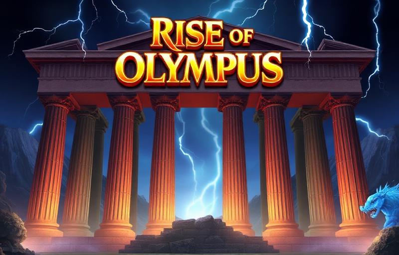 Rise of Olympus slot thumbnail with Zeus, Hades and Poseidon, Greek temple and lightning on dramatic sky