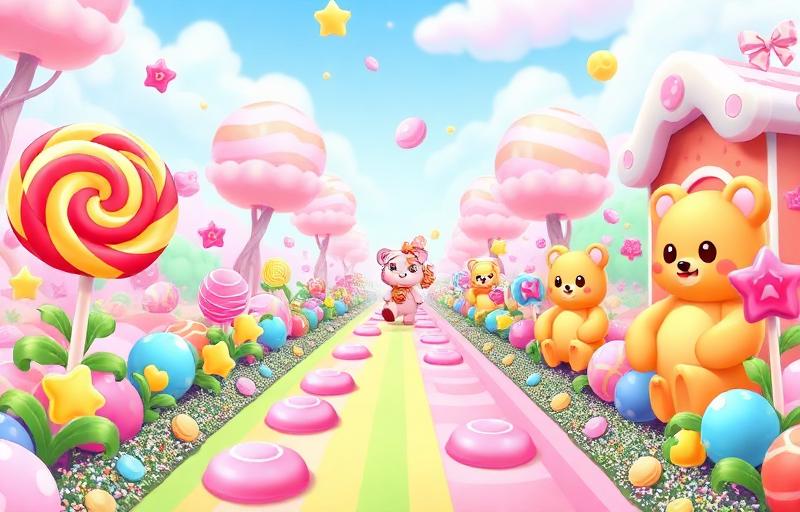Sugar Rush slot thumbnail with sparkling candy characters, lollipops, gummy bears and swirl candies on a pastel rainbow backdrop