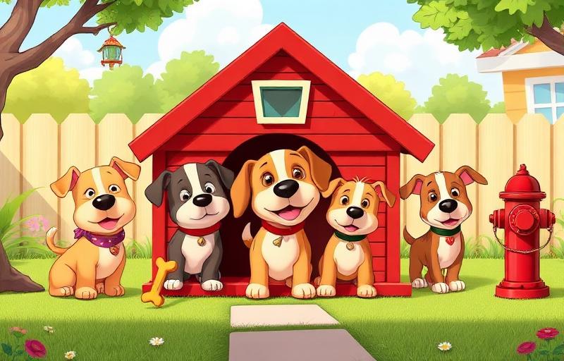 The Dog House slot thumbnail with cartoon dogs in a red doghouse, bone treats and fire hydrant on a sunny backyard lawn
