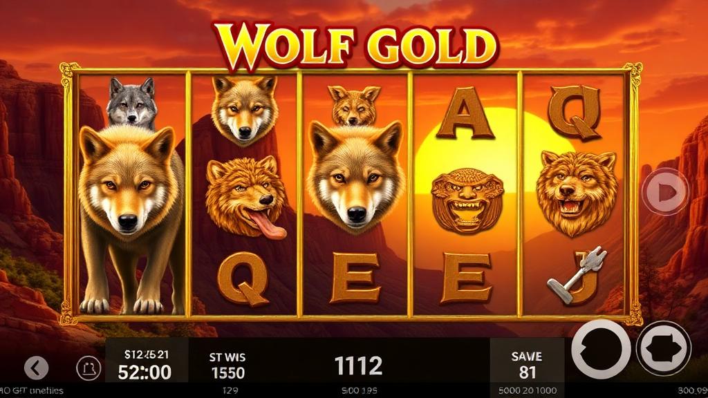 Wolf Gold gameplay showing stacked wolf wilds and desert canyon scenery with warm sunset tones