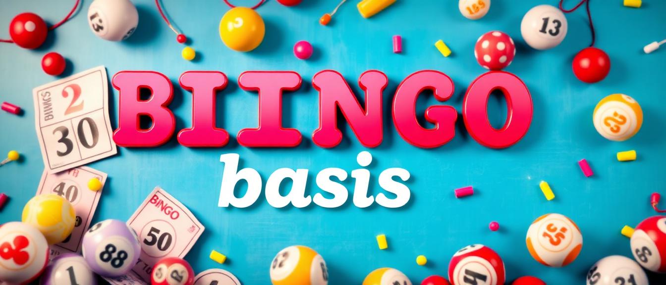 Cheerful bingo hall scene with players daubing cards, colourful bingo balls and a friendly caller at the front