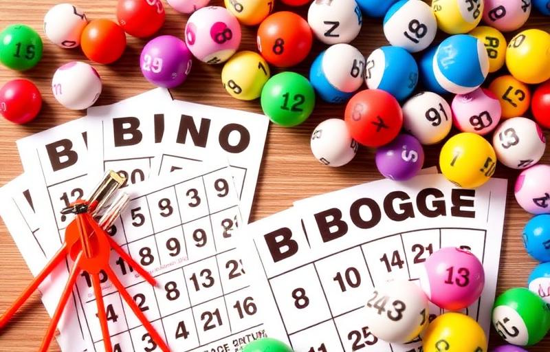 Cheerful bingo hall scene with players daubing cards, colourful bingo balls and a friendly caller at the front