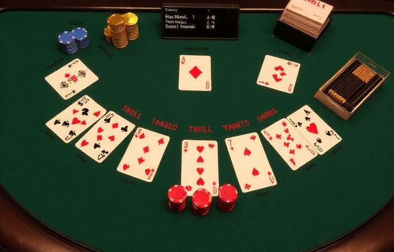 Illustrated blackjack table from above showing card values, action buttons and a helpful strategy chart overlay