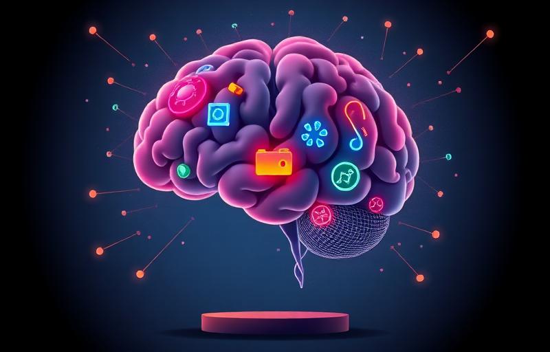 Artistic brain illustration with colourful gaming symbols (cards, dice, tokens) emerging from different cognitive regions