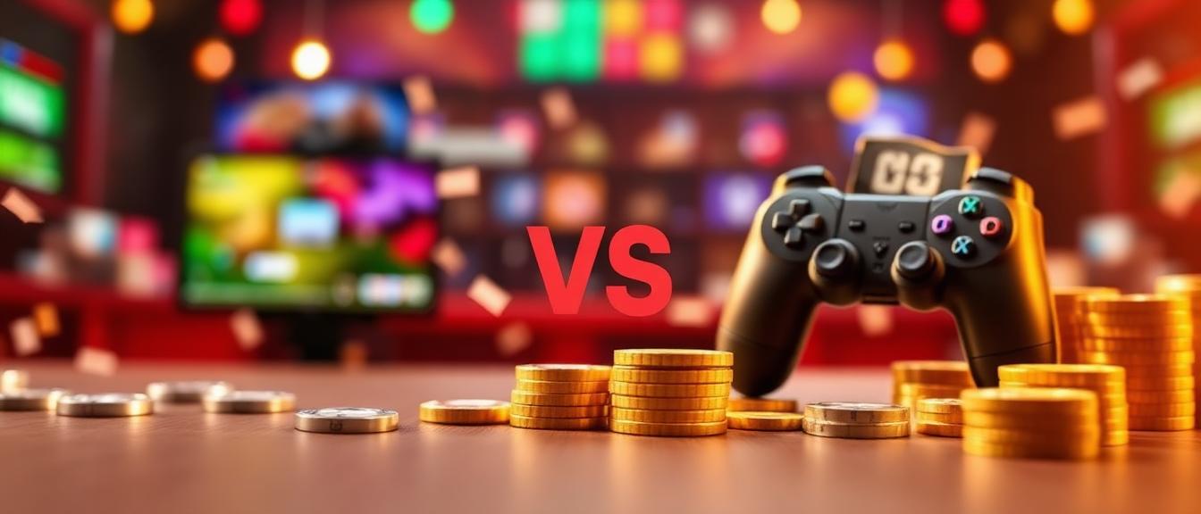 Split-screen illustration comparing social gaming on the left with virtual coins and smiles versus real-money casino on the right with pound notes and serious faces