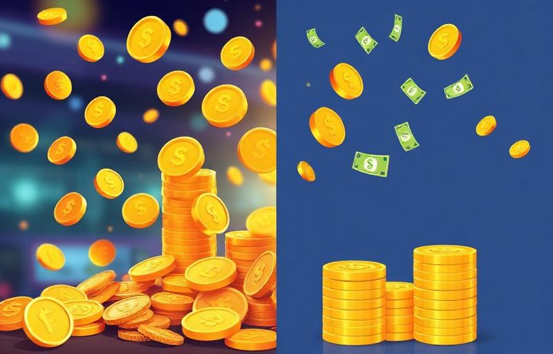 Split-screen illustration comparing social gaming on the left with virtual coins and smiles versus real-money casino on the right with pound notes and serious faces