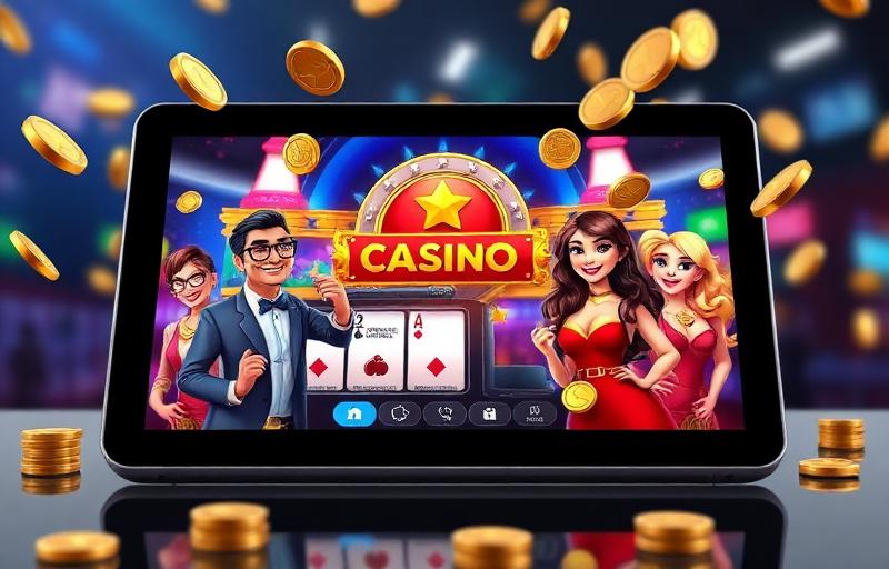 Illustration of a friendly social casino interface on a tablet screen with virtual coins and smiling player avatars