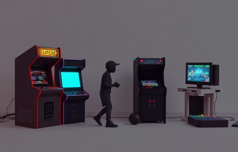 Timeline illustration showing evolution from 1950s pixel art through arcade cabinets and consoles to modern mobile and VR gaming
