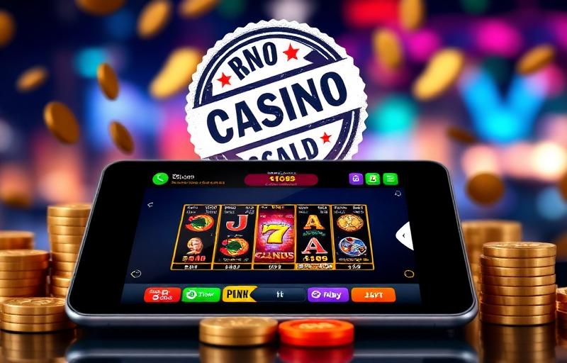 Friendly illustration explaining social casino concept with virtual coins, game icons, and a "no real money" stamp