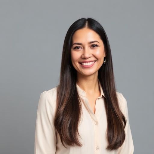 Professional portrait of Sofia Ramirez, a Latina woman in her early 30s with long dark hair, wearing a cream blouse, smiling brightly in a modern office setting